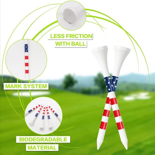 FINGER TEN Golf Tees Wood 3 1/4 2 3/4 Inch Wooden Bamboo 50/120 Count, Durable Biodegradable Colored Bulk Tee 70mm 83mm (USA Flag, 2 3/4 Inch(50 Pack))