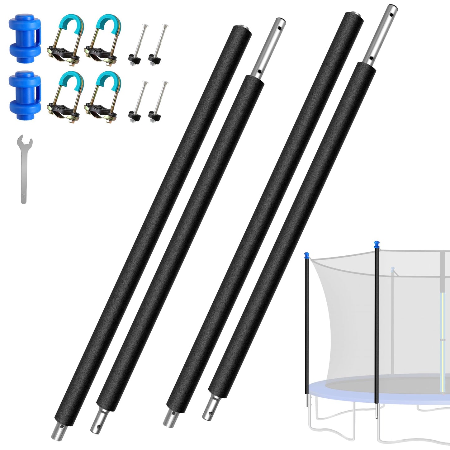 2PCS Trampoline Replacement Poles-Universal Trampoline Replacement Enclosure Poles Kit with Foam Sleeves,Pole Caps & Hardware for 2 Installation Methods, Fits 8-16FT Straight Pole Trampoline Frame