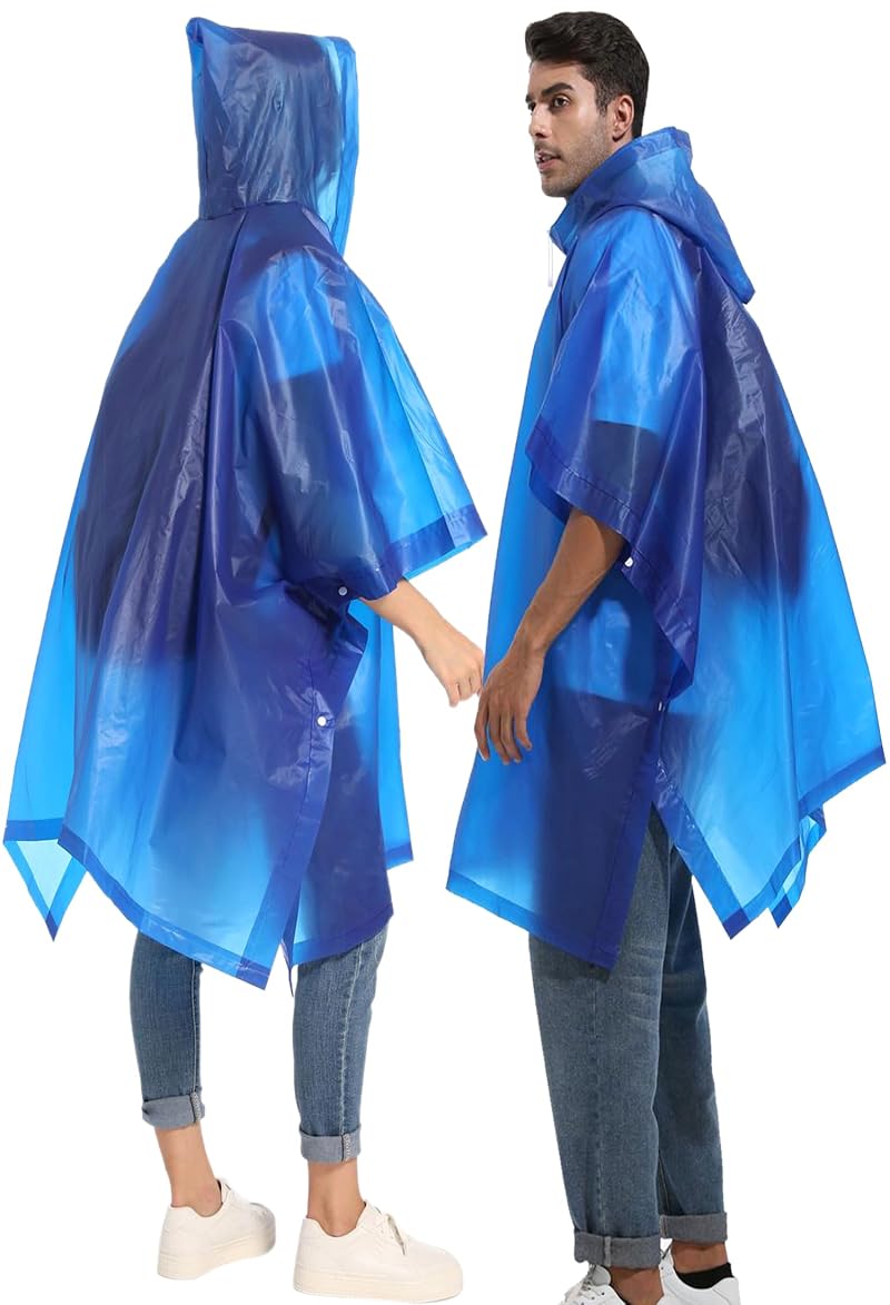 HOOMBOOM 2-Pack Reusable Rain Ponchos for Adults Blue, Lightweight EVA Emergency Rainwear