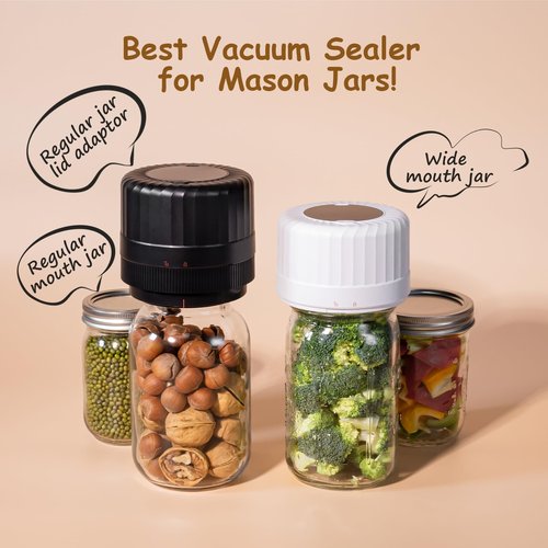 HTPOW Electric Mason Jar Vacuum Sealer - Automatic Mason Jar Vacuum Sealer Kit, Vacuum Sealer for All Mason Jars With Regular Lids/Wild Mouth Lids, A Must-Have Tool for Canned Foods/Pantry etc
