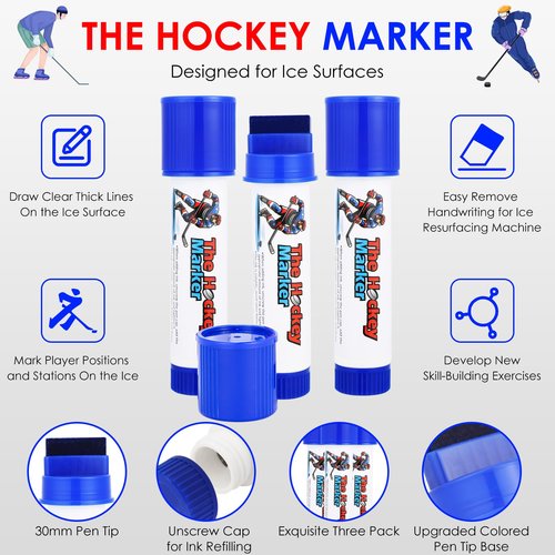 Hockey Pucks Marking for Writing on the Ice, hockey training, Ice Hockey Accessories for Hockey Coach, 3 PCS Waterproof Oily Ice Hockey Marker with Box, Good Helper for Ice Hockey Practice(Blue)