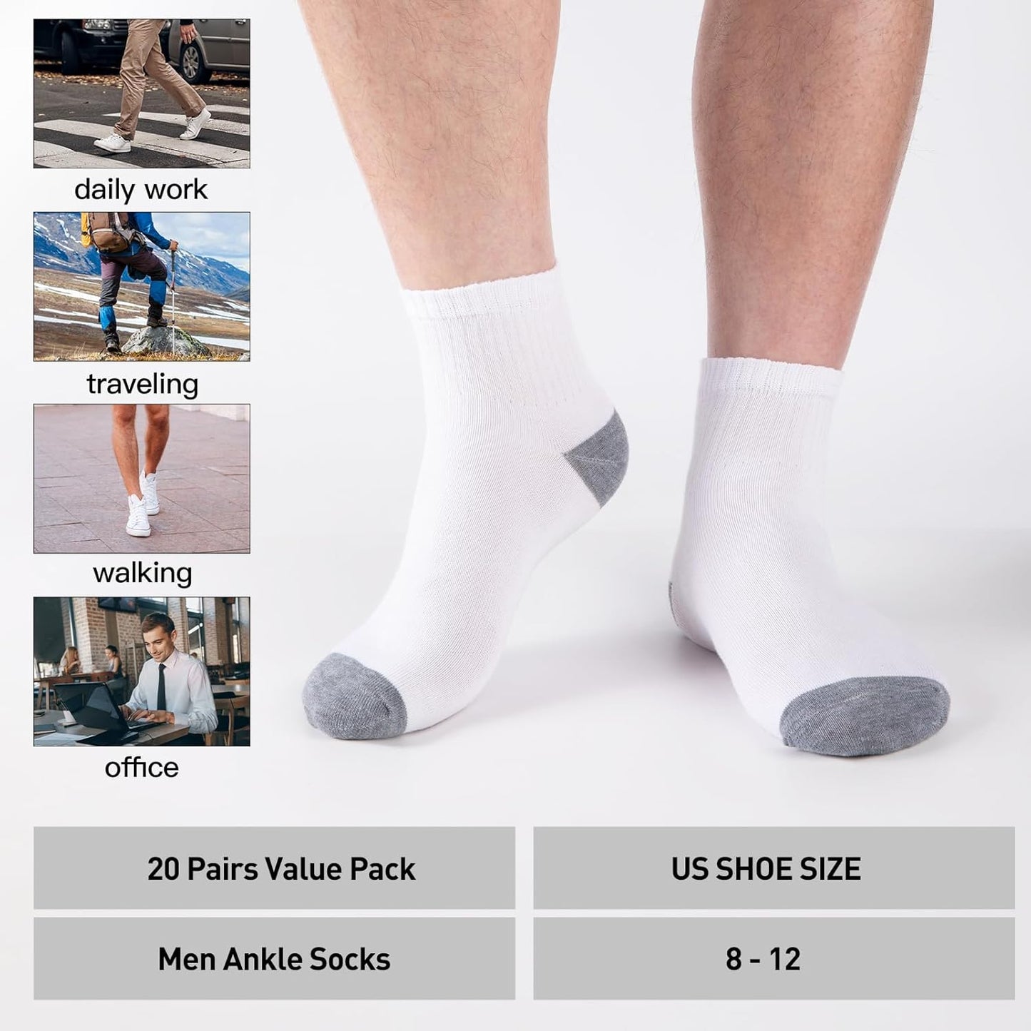 20 Pack 3 Styles Men's/Women's Mini Crew Ankle Socks Quarter Bulk - Breathable Thin Athletic Socks, Fits Shoe Size 8-11