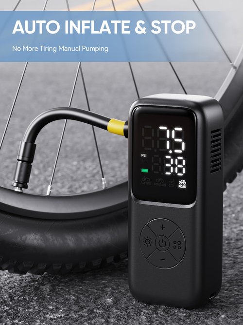 GPUTEK Mini Electric Bike Pump,120 PSI Bike Pump Portable with Guage Auto Stop, Bicycle Pump with Presta and Schrader, Bike Tire Pump Valve for Road Bicycle, Mountain Bike, E-Bike,Sports Ball