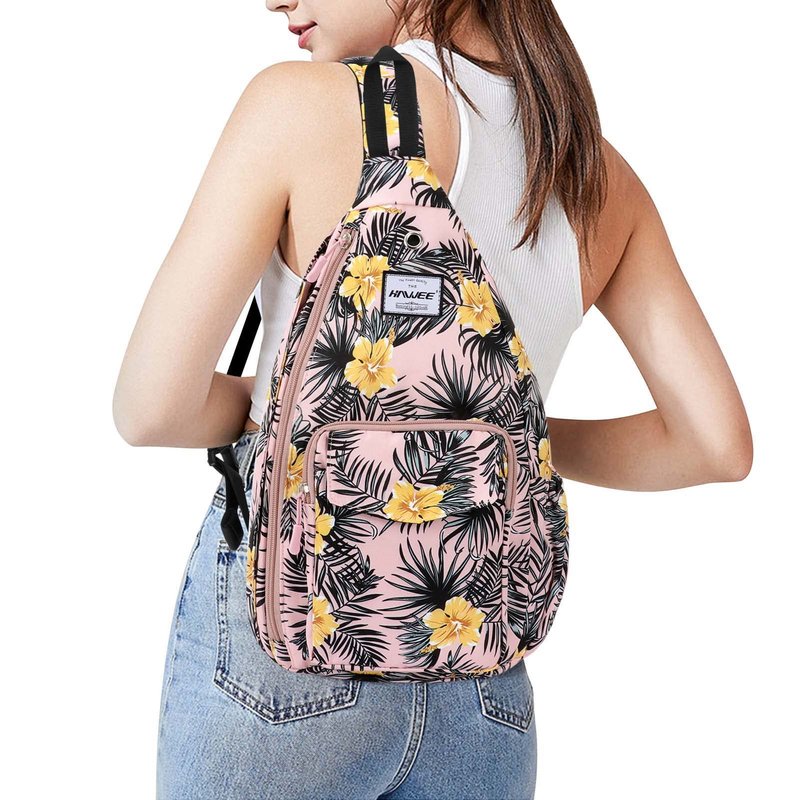 HAWEE Rope Sling Bag for Women Casual Cross Body Backpack Adjustable Anti-slip Strap/Bottle Pocket/Earphone Hole for Travel Hiking Sports, Hibiscus Orange