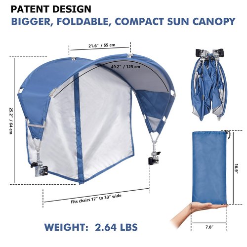 Universal Chair Canopy Umbrella, UPF 50+ Sun Shade with Adjustable Clamp Clip for Beach, Camping, Sports, Lawn, Zero Gravity, Wheelchair, Wagon