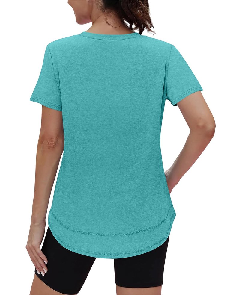 Workout Tops for Women Spring Summer Short Sleeve Golf Outfits Gym Essentials Activewear Running Shirts V Neck Aqua S