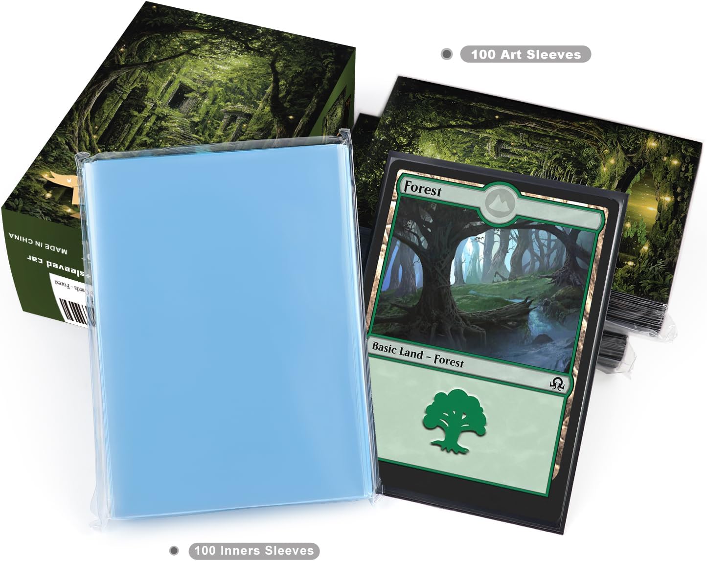 100 Card Sleeves for MTG with 100 Inner Sleeve, Textured Back Art Sleeves, Fit Standard Size Cards - Forest
