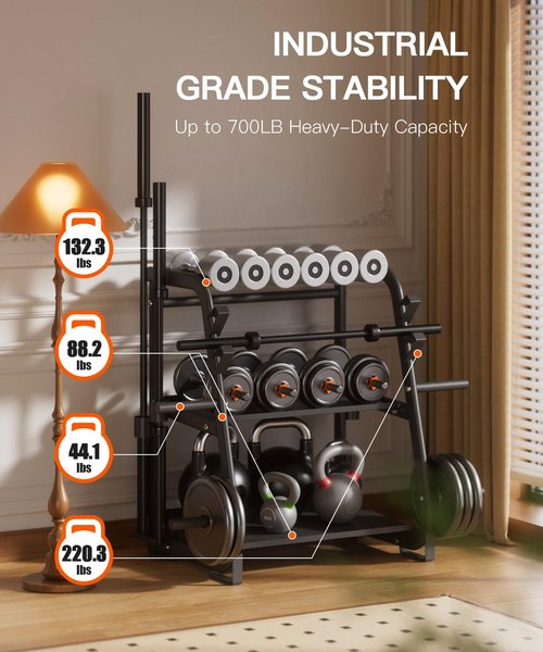 EOAT 3-Tier Dumbbell Rack Stand Only - 700LB Heavy Duty Weight Storage Organizer with Thickened Steel Tube, Adjustable Weight Stand for Dumbbells, Barbells, Kettlebells, Black/Beige