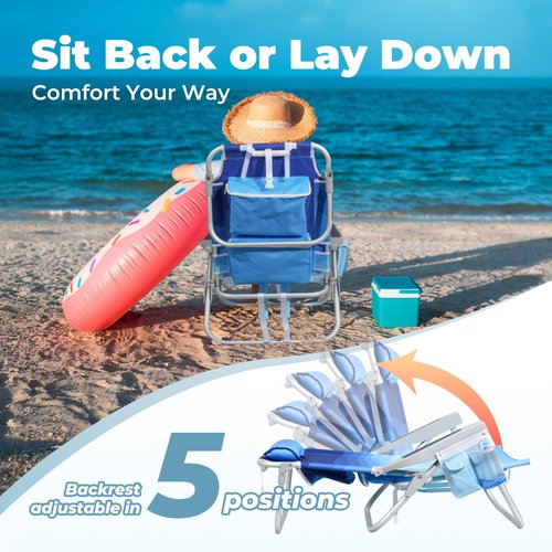 Low Beach Chairs for Adults 2 Pack– 5-Position Reclining Backpack Chair with Large Insulated Cooler & Storage Pocket, Aluminum Frame, Portable for Travel & Outdoor, Supports 300lbs, Wave Blue
