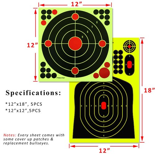 GearOZ Splatter Shooting Targets Stickers, 20PCS & 4 Styles Adhesive Reactive Target Paper with Yellow Splatter Impact for BB Pellet Airsoft Guns Silhouette Targets Bull's-Eye Target