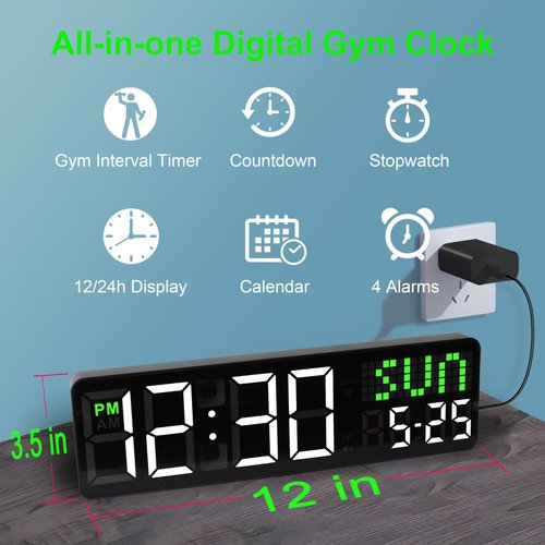 LUCORB 12'' Gym Clock, Interval Workout Digital Wall Clock with Seconds Date for Home Gym, 5 Display Modes | Remote Countdown Timer, Stopwatch | 4 Alarms fit Classroom Living Room Office