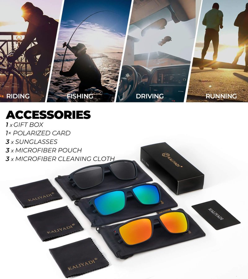 KALIYADI Polarized Sunglasses Men, Lightweight Mens Sunglasses Polarized UV Protection Driving Fishing Golf (Frame Blue|Lens Black/Green/Red)