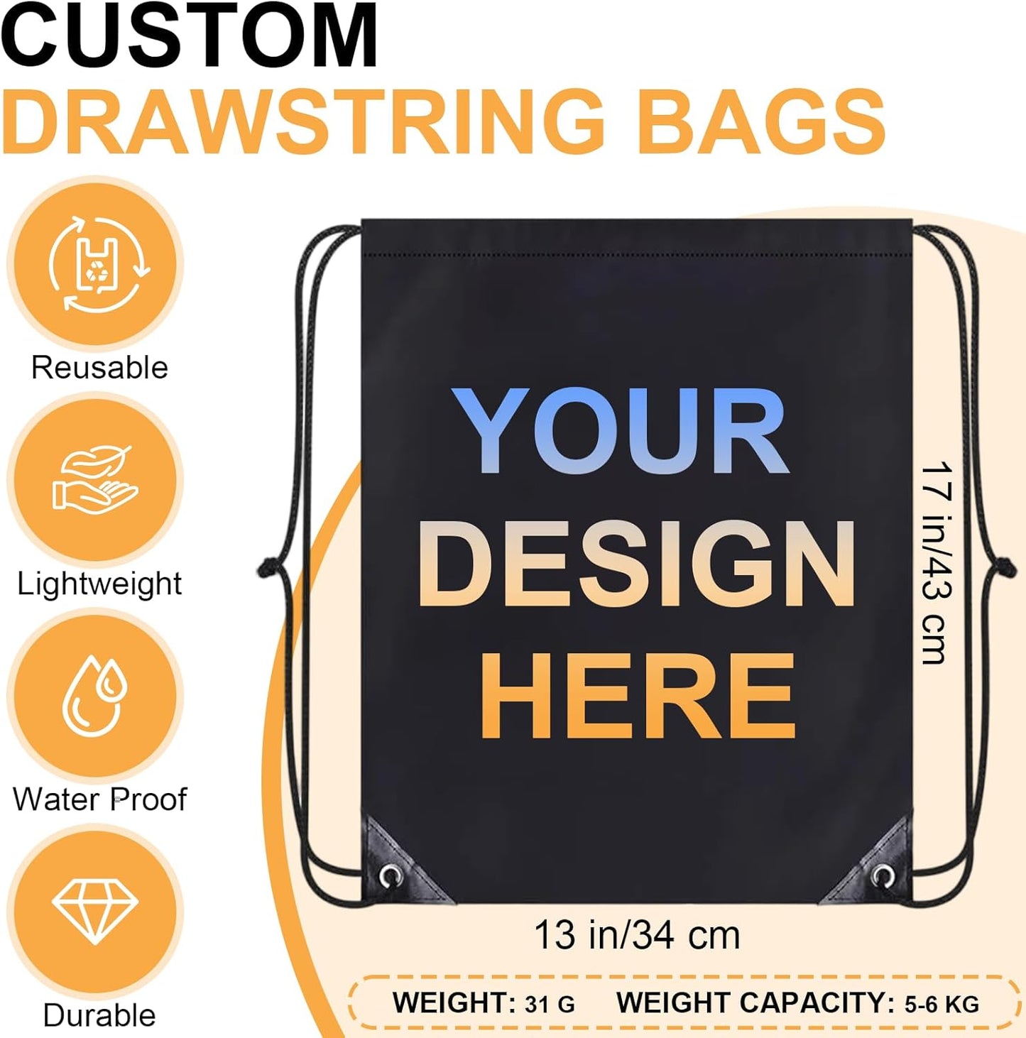 10 Pcs Custom Drawstring Bags, Personalized String Backpacks with Your Logo/Text, Ideal for Business, Gym, Sports, Events, Travel, and Everyday Use