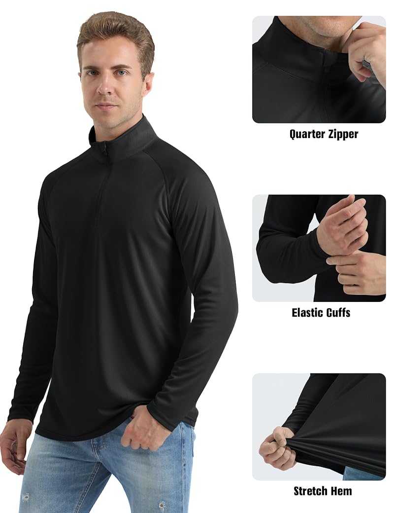 MAGCOMSEN Men's UPF 50+ Long Sleeve 1/4 Zip Rash Guard Shirt - Black, Small
