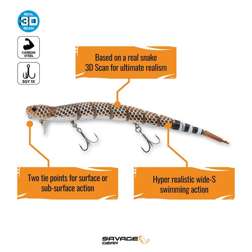 Savage Gear 3D Wake Snake Fishing Bait, 1 oz, Rattle Snake, Realistic Contours, Colors & Movement, Durable Construction, Versatile Rigging Options, Dual Treble Hook Configuration