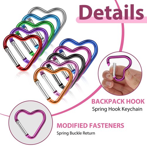 10 Pcs Heart Shaped Carabiner Small Carabiner Cute Keychain Clip Aluminum Alloy Climbing Clips for Water Bottle Holder Traveling Snap Clips Keys