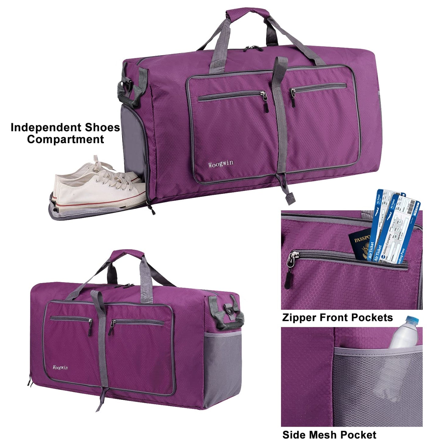 Woogwin Travel Duffel Bag Large Foldable Waterproof Overnight Bag for Beach Swim Bags Pool Sports Gym (100L Purple)