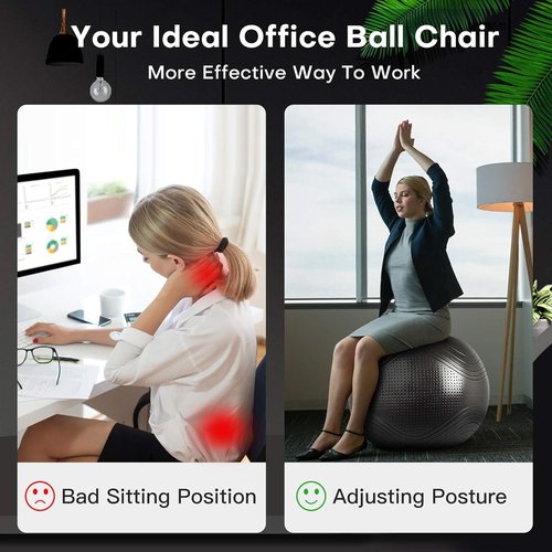 Gruper Yoga Ball, 55-75cm Extra Thick Exercise Ball for Workout Fitness Balance, Anti Burst Chair for Home and Office Desk,Includes Hand Pump & Workout Guide Access (Black, 26 inch (65cm),L)