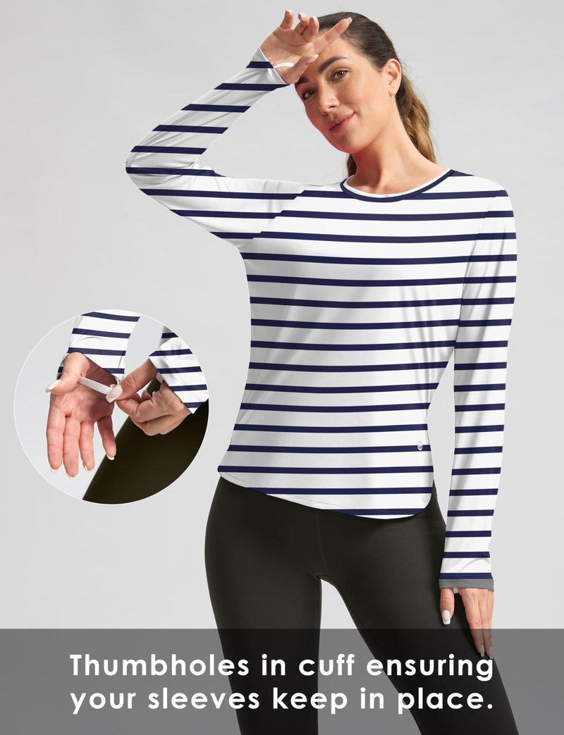 Women's Sun Shirts UPF 50+ Long Sleeve UV Protection Shirt Lightweight Quick Dry Workout Hiking Tops for Women(White/Deep Sea Stripe,XS)