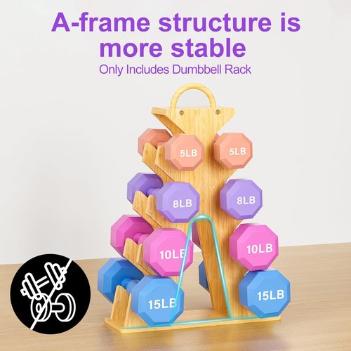 MinBoo Bamboo Weight Rack for Dumbbells, Compact A-Frame Dumbbell Rack Stand Only, Dumbbell Rack with Handle, for Home Gym Workout