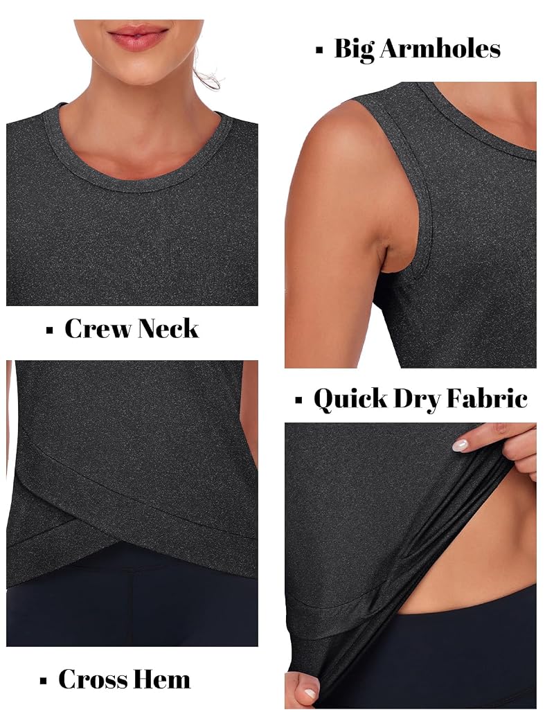 LURANEE Women's Crossover Hem Crop Tank Top - Black Large, Workout Yoga Activewear