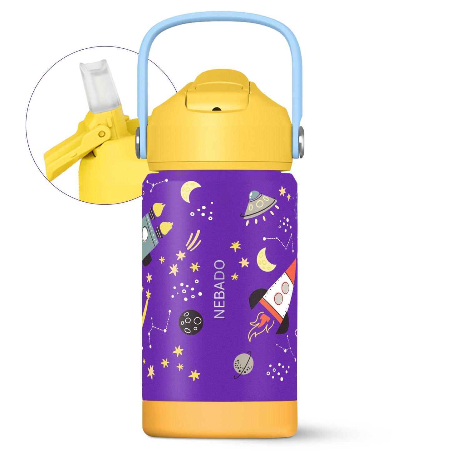 NEBADO Kids Stainless Steel Insulated Water Bottle with Straw 12oz - Leak Proof Toddler Thermos Cup for School, BPA Free with Handle & Non-Slip Silicone Base, Dishwasher Safe, Cosmic Purple