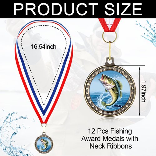 Quelay 12 Pcs Fishing Medals 2" Fishing Award Medals with Neck Ribbons Fish Competition Trophy Prizes for Deep Sea Fishermen