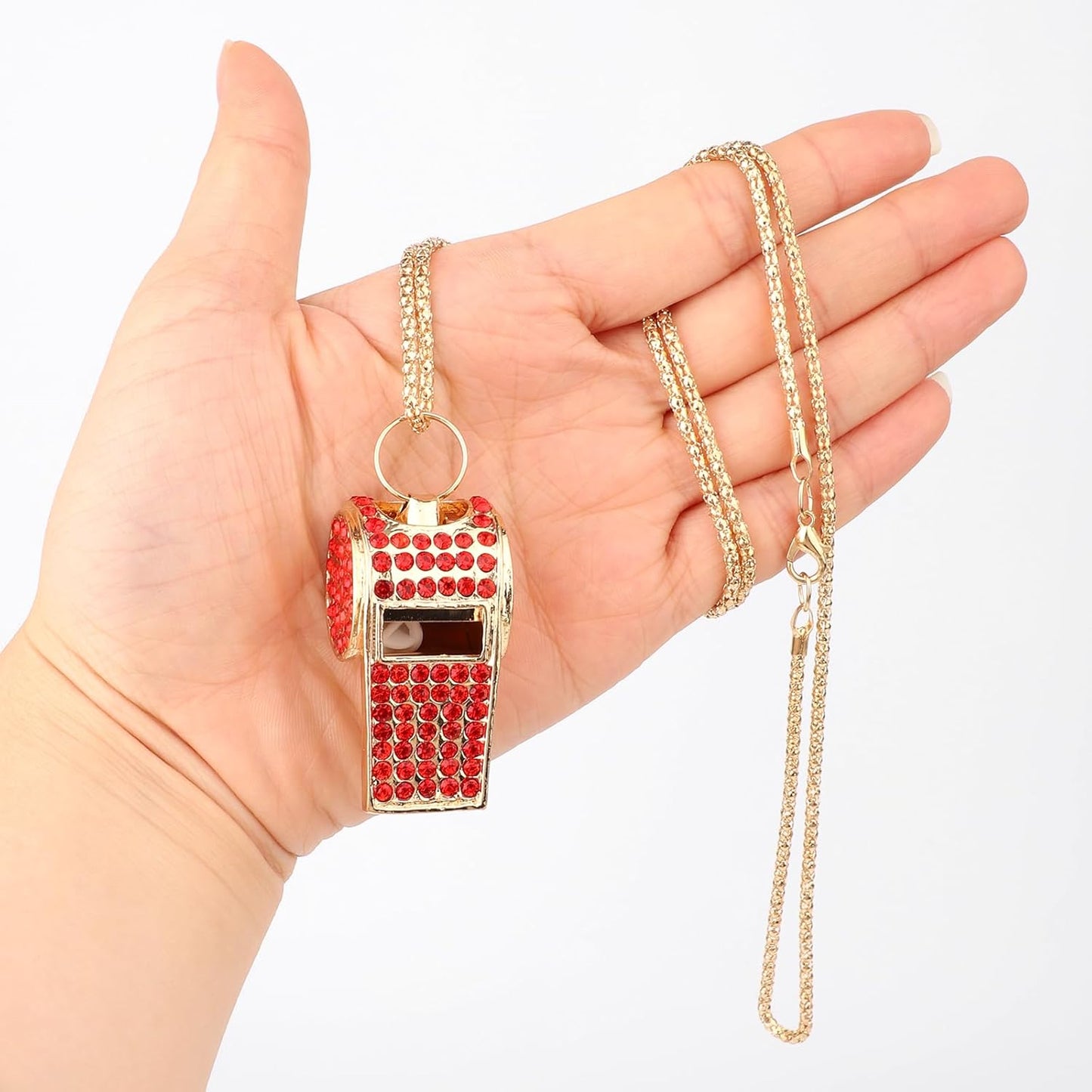 2pcs Bling Whistle, Metal Crystal Rhinestone Whistles Loud Crisp Sound Sports Whistle with Chain Lanyard Gifts for Teacher Referee Official Lifeguard Basketball Training (Gold, Red)