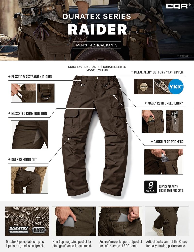 CQR Men's Tactical Pants, Water Resistant Ripstop Cargo Pants, Lightweight EDC Work Hiking Pants, Outdoor Apparel, Duratex Mag Pocket Dark Brown, 38W x 30L