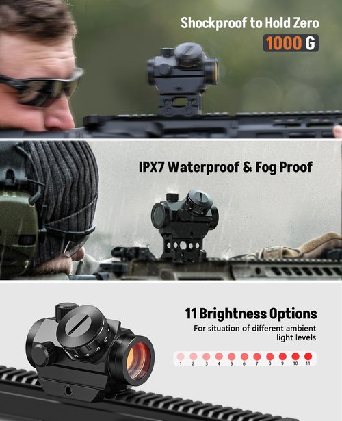 MidTen 2MOA Red Dot Sight, 1x25mm Reflex Sight Waterproof & Shockproof & Fog-Proof Red Dot Scope with 1 inch Riser Mount, Black