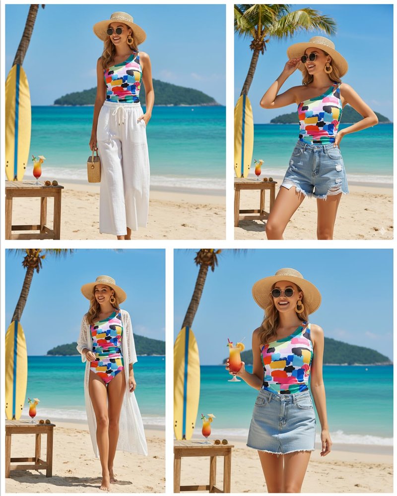 Holipick One Shoulder One Piece Swimsuit for Women Tummy Control Bathing Suits Modest Full Coverage Keyhole Swimwear Color Block