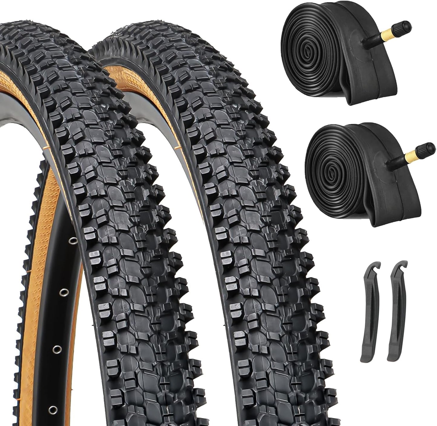 Hycline 2-Pack Mountain Bike Tires Set: 20/24/26/27.5-inch Folding Replacement Puncture-Resistant Bicycle Tires and Pair 20/24/26/27.5-inch Inner Tubes with Tire Levers for MTB Off-Road Bike