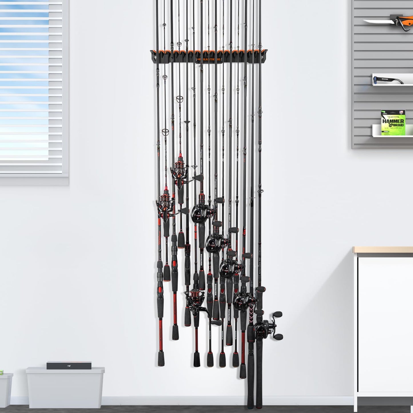 KastKing V15 Vertical Fishing Rod Holder – Wall Mounted Fishing Rod Rack, Store 15 Rods or Fishing Rod Combos in 17.25 Inches, Great Fishing Pole Holder and Rack
