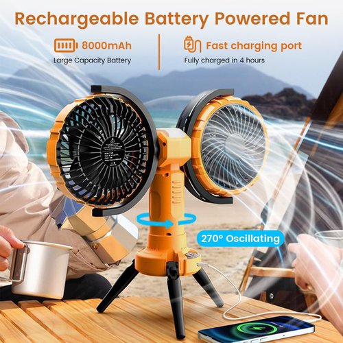 Outdoor Camping Fan with LED Light, Rechargeable Portable Dual Head Fan,Battery Powered with Cooler Tent Hook Fans,270° Oscillating 360° Rotation ,USB Desktop Fan for Travel,Fishing,Home (Yellow)