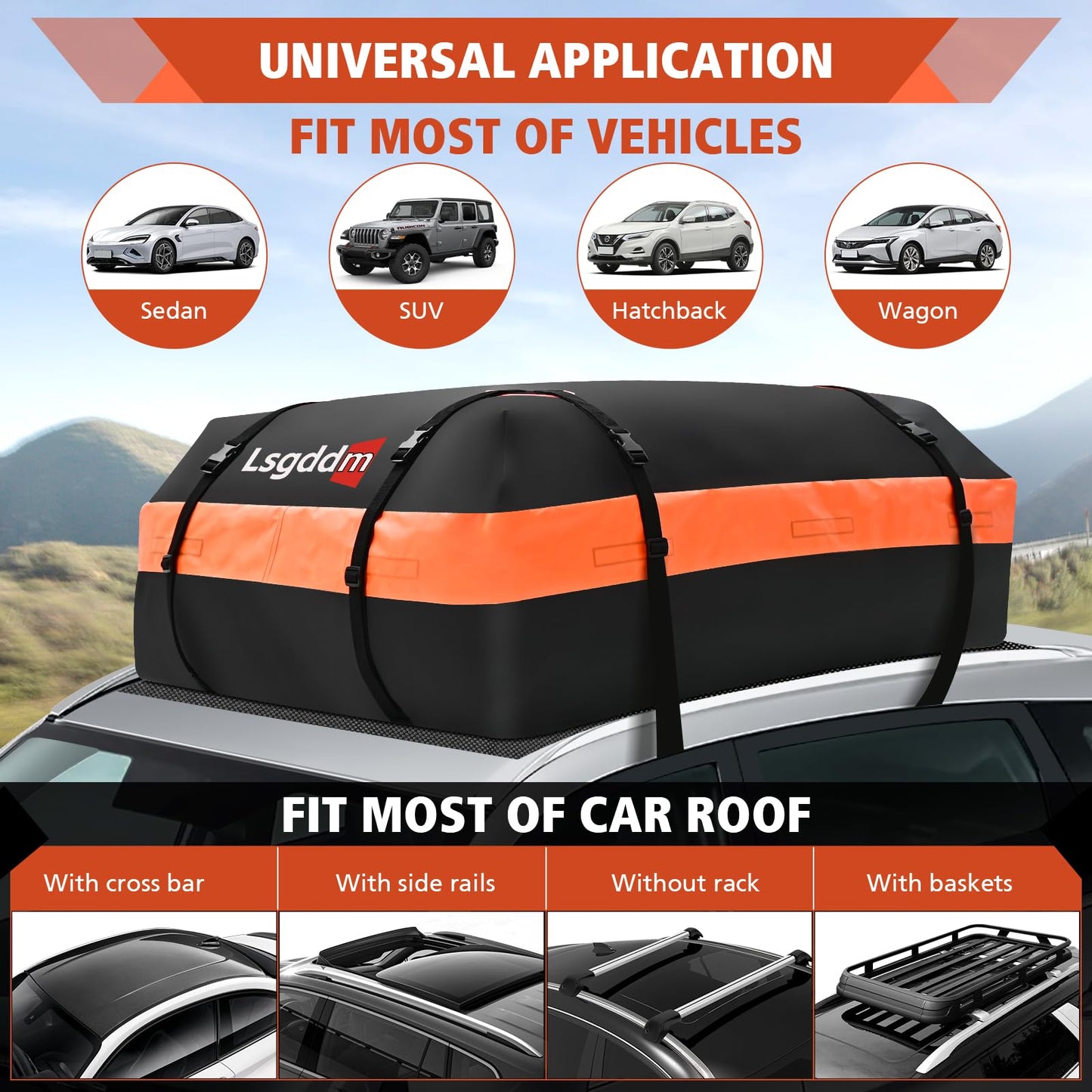 CYDDUP Roof Bag, Waterproof Soft Car Top Carrier Without Rack, 15 Cubic Feet Cargo Carrier for Top of All Vehicles with/Without Rack, Includes Anti-Slip Mat, 4 Door Hooks, Luggage Lock, Storage Bag