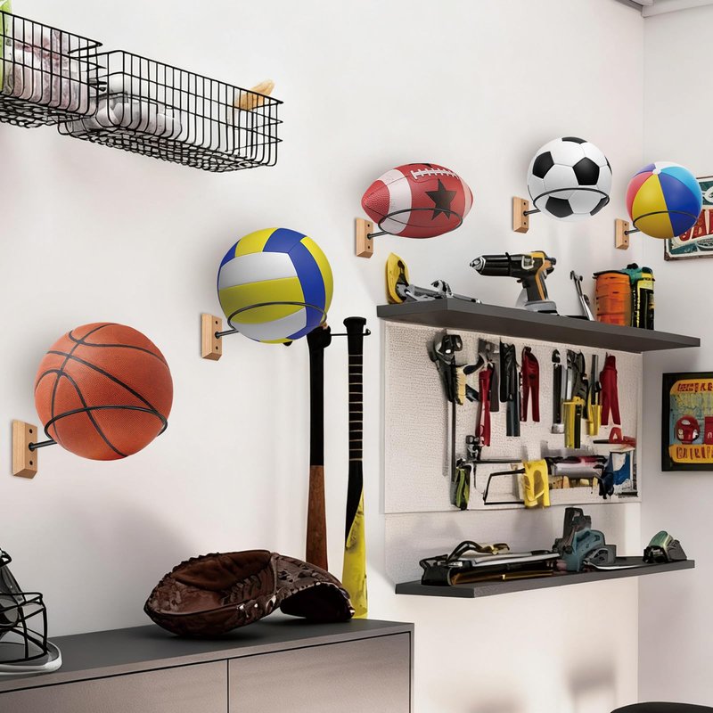 VIVTOB Basketball Holder Wall Mount, Holds Basketball, Football, Soccer Ball, Volleyball, Wall Mount Ball Holder for Room Decor, Sports Storage Stand (Beech Wood, 1 Pack)