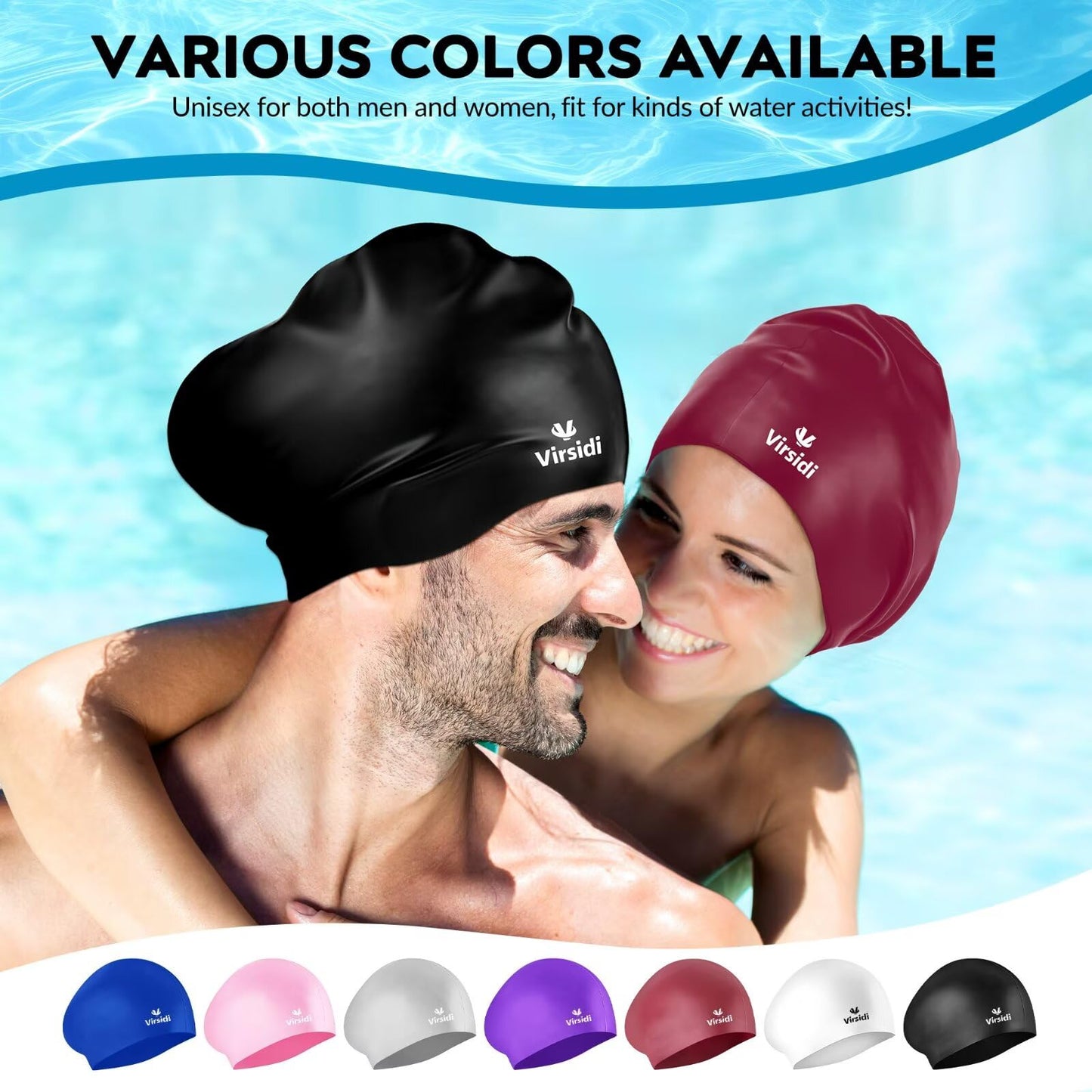 2 Pack Large Swim Caps for Long Hair, Silicone Swimming Cap for Adult Women Men, Waterproof Swim Hats Bathing Caps to Keep Hair Dry with Bonus Nose Clip and Earplugs-01