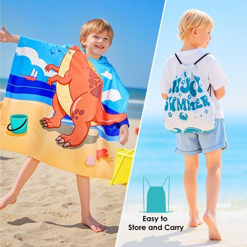 Ythuil Dinosaur Towel for Ages 3 to 10 Toddler, Kids Hooded Beach Towel 30"x 25", Dinosaur Gifts for Boys Girls, Toddler Swim Cover Up & Bath Robe for Beach Pool, Soft Microfiber, Backpack Included
