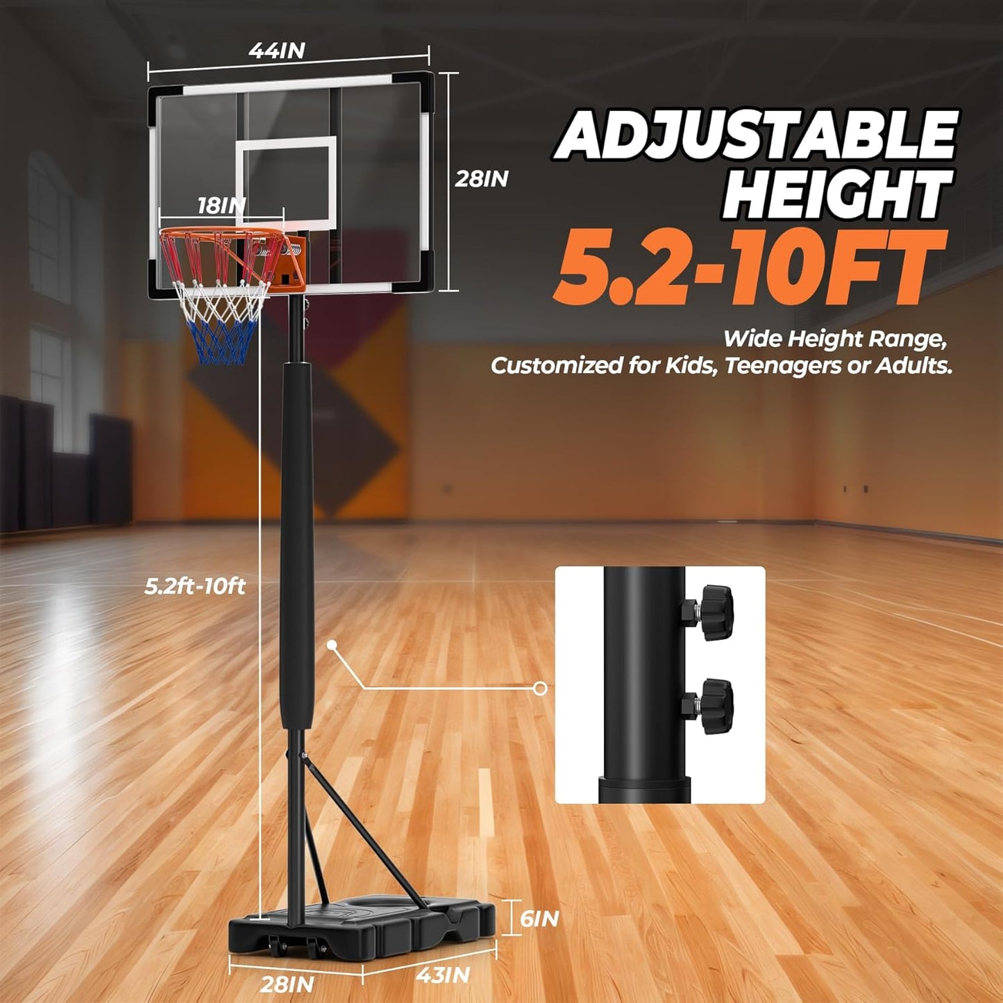 10 FT Portable Basketball Hoop with Adjustable Height for Adults Youth, Shatterproof Backboard, Stable Base, Easy Mobility, and Durable Design