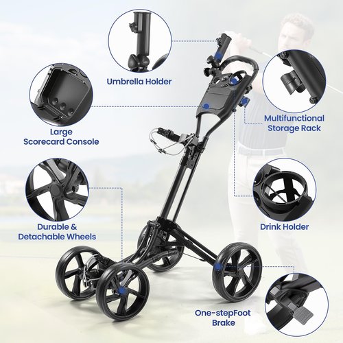 Cavevine Golf Push Cart 4 Wheel, Golf Push Cart with One-Click Folding, Push Carts for Golf Bags, Golf Trolley with Cup Holder, Umbrella Holder, Handle Height Adjustable, Walking Push Cart