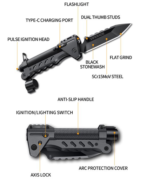 VIPERADE VAK6 Survival Multitool with Folding Knife, LED Flashlight, Pulse Ignition and Hand Crank Generator, Camping Multitool Knife Rechargeable Flashlight with Belt Sheath (Green)