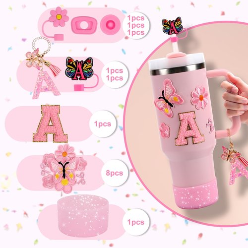 15PCS Cup Accessories Set for Stanley Cup 30oz 40oz Tumbler with Handle, Including Silicone Straw Cover and Boot, Spill Proof Stopper, Stanley Charms, Handle Charm, Initials Sticker (Letter A, Pink)