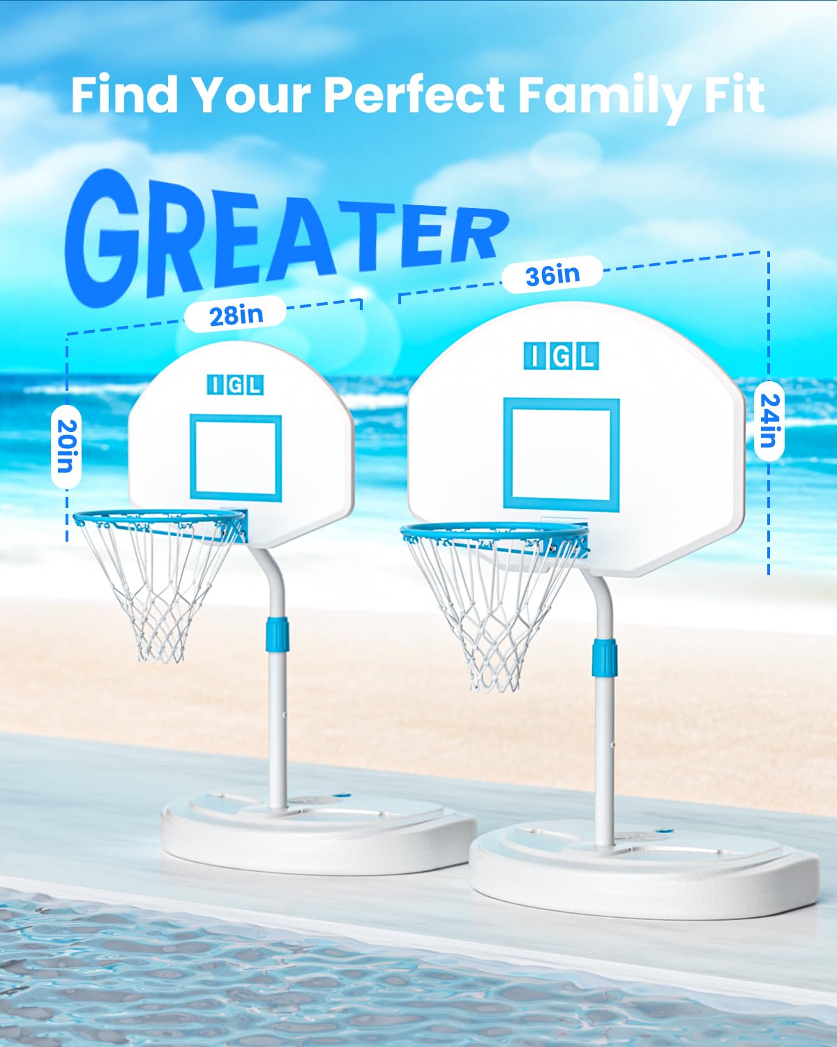IGL Pool Basketball Hoop Poolside, Height Adjustable Swimming Basketball Hoop Outdoor for Pool, Anti-rust Stainless Steel Rim, Portable Basketball Goal System, Fillable Base, Includes 2 Balls and Pump