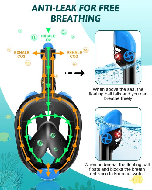 Viginsul Mask Fins Snorkeling Gear for Adults, Full Face Snorkel Mask & Adjustable Swim Fins Snorkel Set, Panoramic View Snorkel Mask Dry Top Anti-Fog Anti-Leak