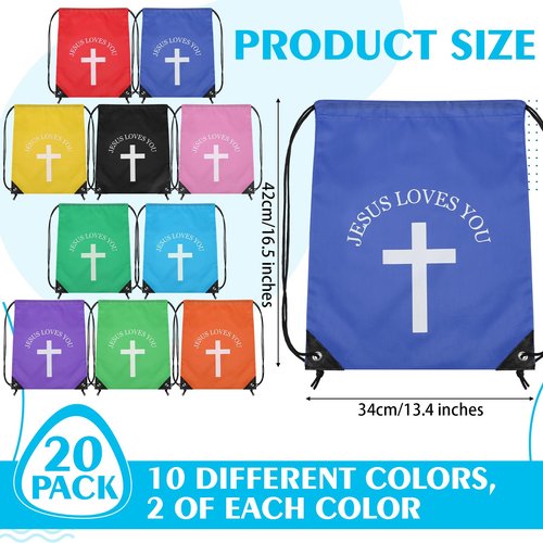 SilTriangle Jesus Loves You Drawstring Backpack Bulk Easter Church Gifts Christian Religious Gift Bag Polyester Backpack (Multicolor,20 Pcs)