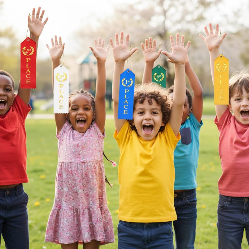 15 Pcs Award Ribbons, 1st 2nd 3rd 4th 5th Place Flat Prize Ribbons Set with Event Card and Rope, First Place Ribbon for Competition Sports Event School Contests(Blue+Red+White+Yellow+Green)