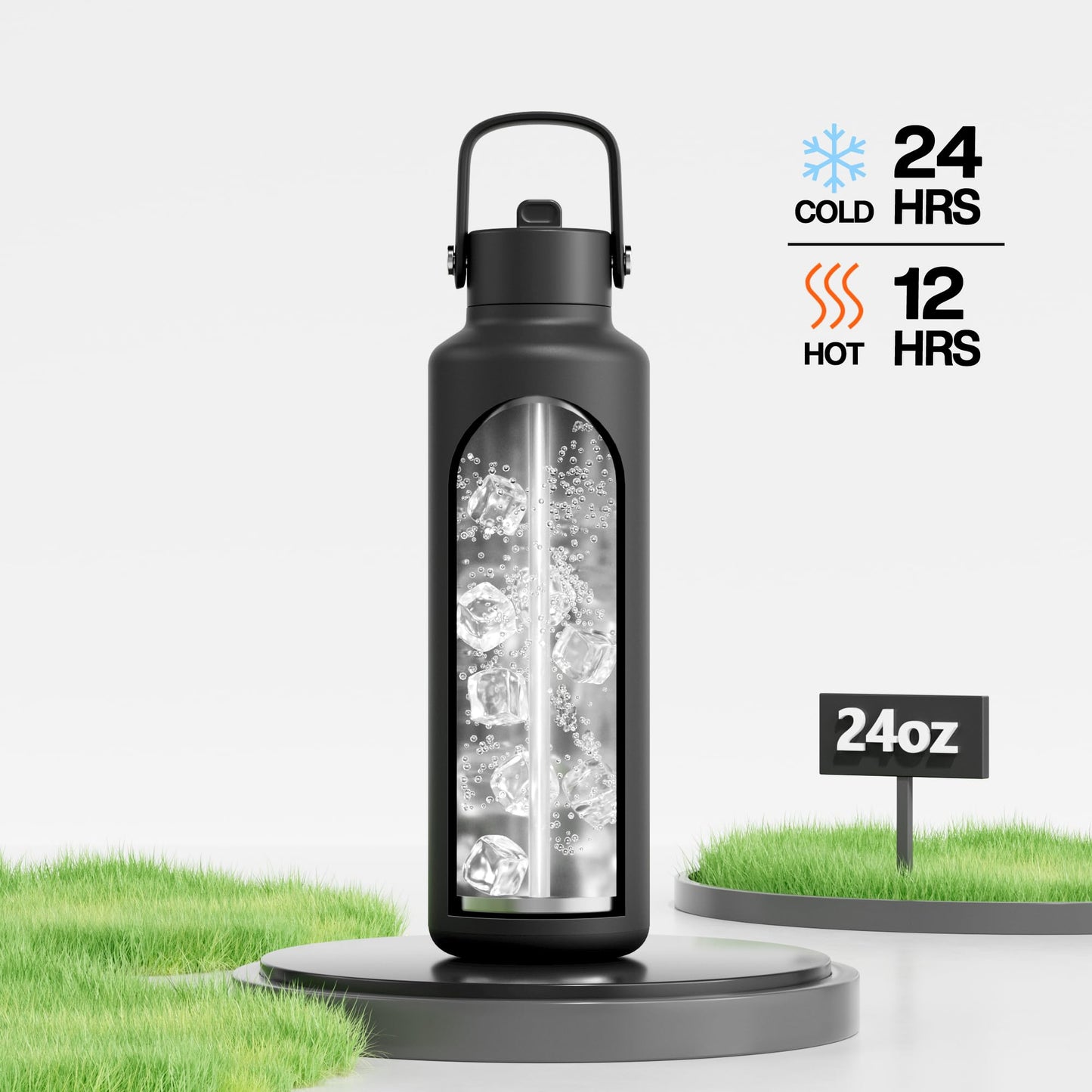 24 oz Slim Insulated Water Bottle for Outdoors: Leakproof, Flex Cap, Lightweight, Cold for 24 Hrs, Double Walled Stainless Steel Thermos with Straw for Travel, Hiking, Biking, Sport (Midnight Black)