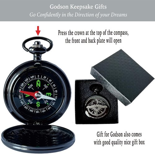 Godson Gifts from Godmother Godfather, Go Confidently Pocket Compass Engraved Black, Godson Pocket Token, Inspirational Keepsake Gifts Ideas for Godson Birthday Graduation Christmas Baptism