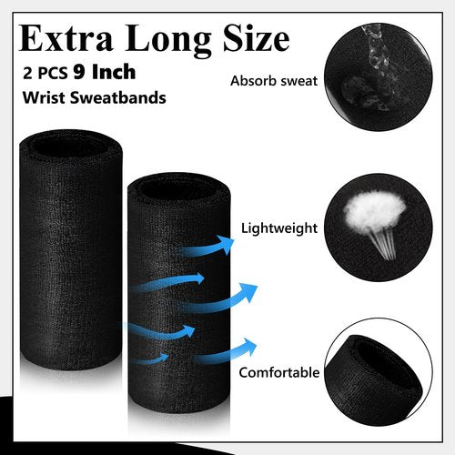 2 Pcs 9 Inch Long Wristbands Sweatbands Black Large Sweat Bands Wristbands Wrist Sweatbands Bulk Arm Sweat Bands for Men Women Weight Loss Football Workout (Black)
