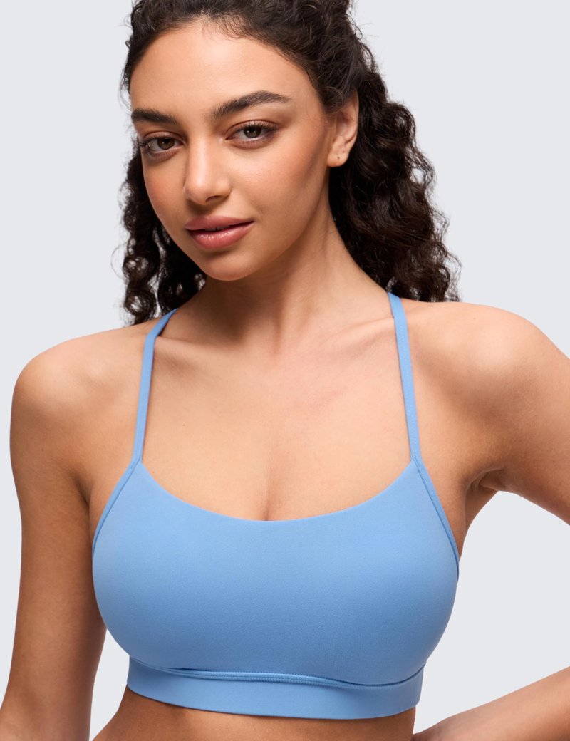 CRZ YOGA Butterluxe Y Back Sports Bras for Women - Padded Racerback Low Impact Spaghetti Thin Strap Workout Yoga Top Party Blue Medium